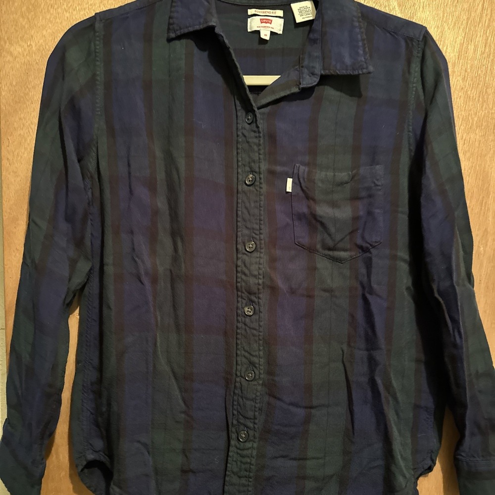 Levi's Green and Blue Plaid Boyfriend Fit Button Down Shirt, XS